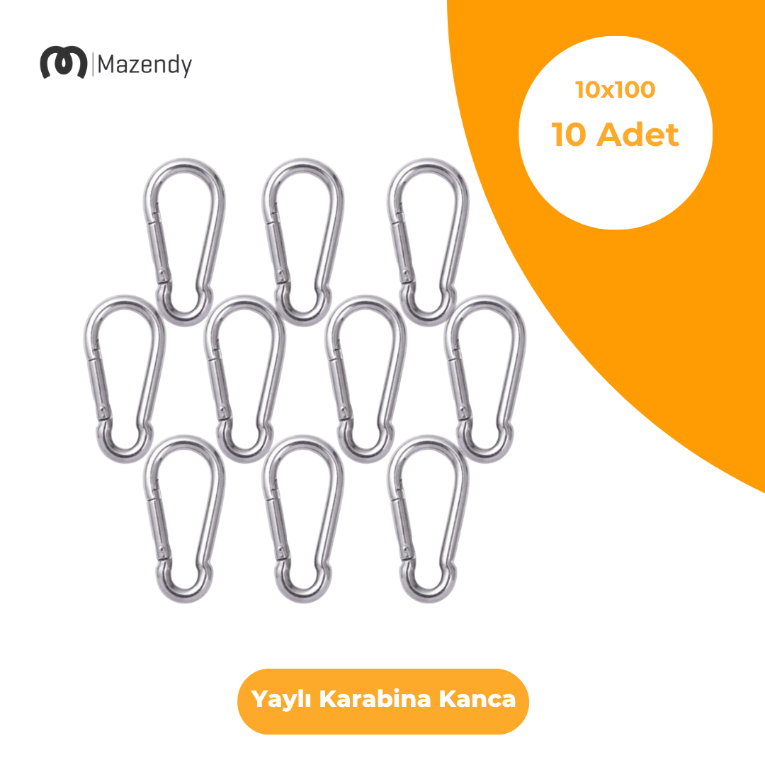 10x100 mm Düz Yaylı Karabina Kanca 10 Adet Paslanmaz Çelik Aparat