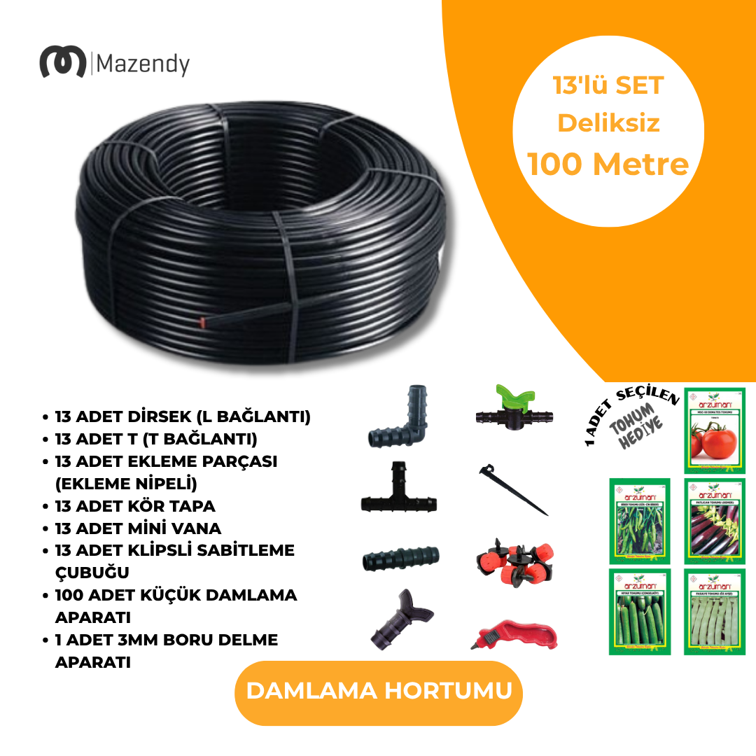 16 mm 100 Metre Deliksiz Damlama Sulama Hortumu Seti 13’li Set