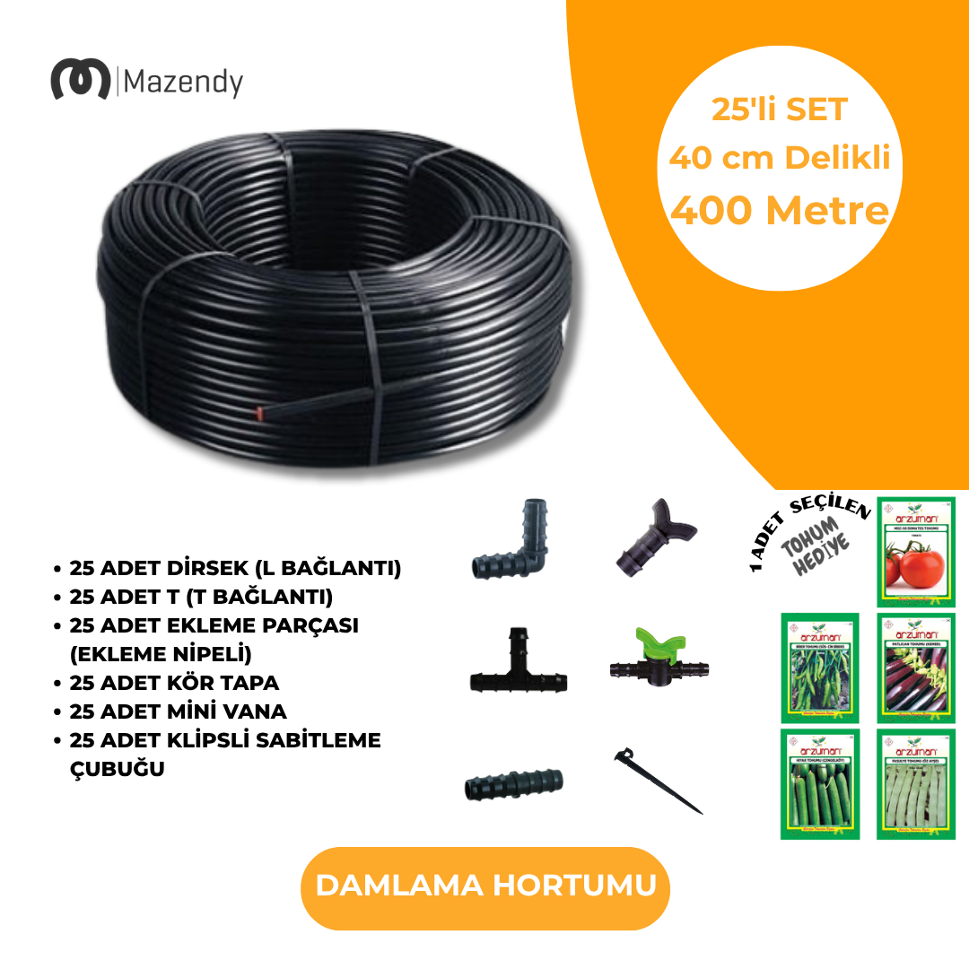 16 mm 400 Metre 40 cm Damlama Sulama Hortumu Seti 25’li Set
