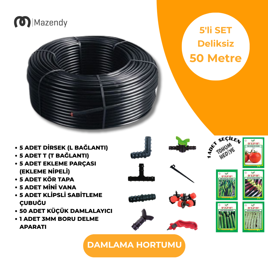 16 mm 50 Metre Deliksiz Damlama Sulama Hortumu Seti 5’li Set