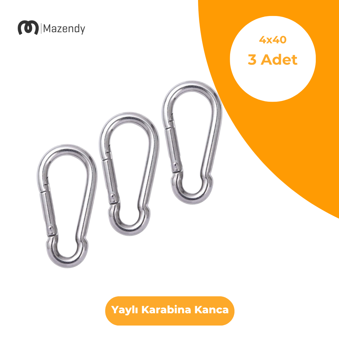 4x40 mm Düz Yaylı Karabina Kanca 3 Adet Paslanmaz Çelik Aparat