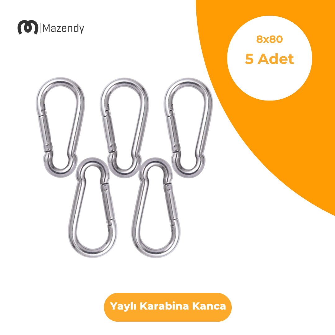 8x80 mm Düz Yaylı Karabina Kanca 5 Adet Paslanmaz Çelik Aparat